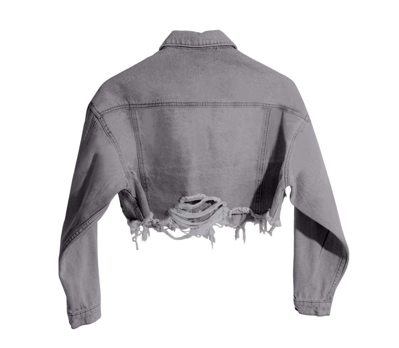 HTD Women's Cropped Jean Jacket Button Up Long Sleeve Ripped Distressed Denim Jacket Frayed Hem