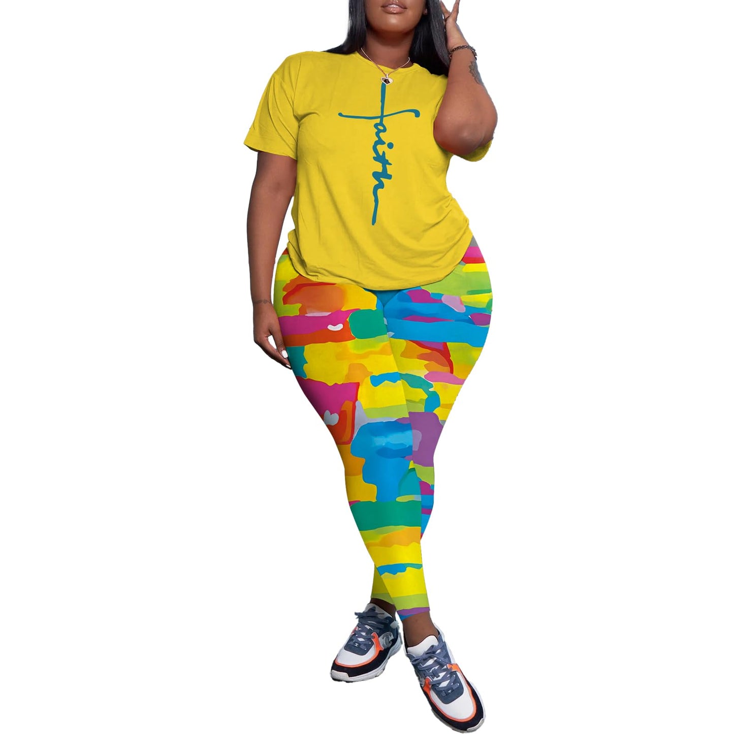 PINSV Women's Plus Size 2 Piece Outfits Tracksuits Short Sleeve Top Pants Sets Sweatsuits