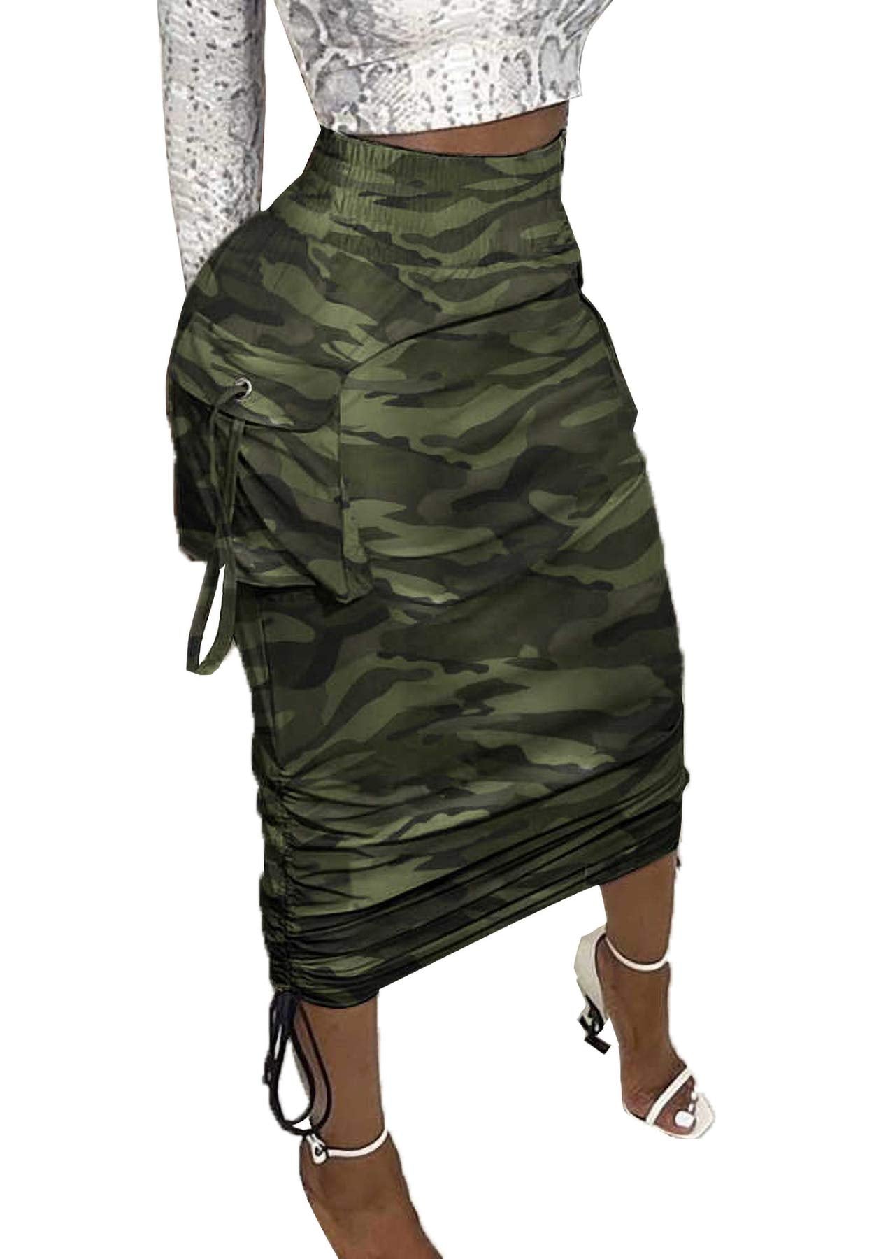 Vakkest Women's Camo Cargo Midi Skirt Elegant High Waist Vintage Dress Slit Front Ruffle Long Bodycon Maxi Skirts