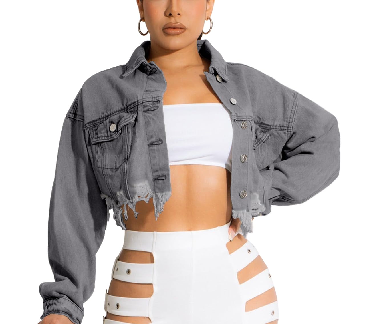 HTD Women's Cropped Jean Jacket Button Up Long Sleeve Ripped Distressed Denim Jacket Frayed Hem