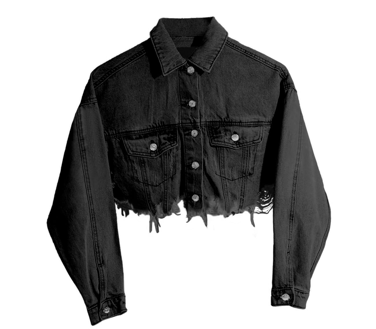 HTD Women's Cropped Jean Jacket Button Up Long Sleeve Ripped Distressed Denim Jacket Frayed Hem