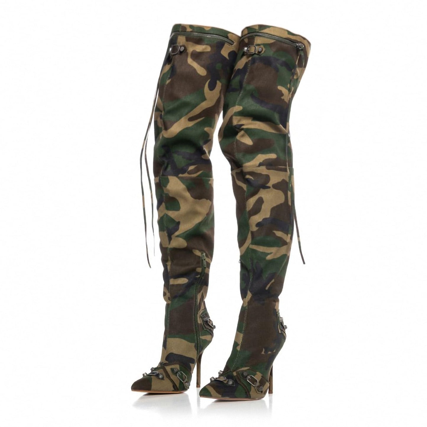 Women's Camo Knee High Boots Slouch High Heels Boots Pointed Stiletto Casual Pull-On Tall Boot Party Dress Shoes