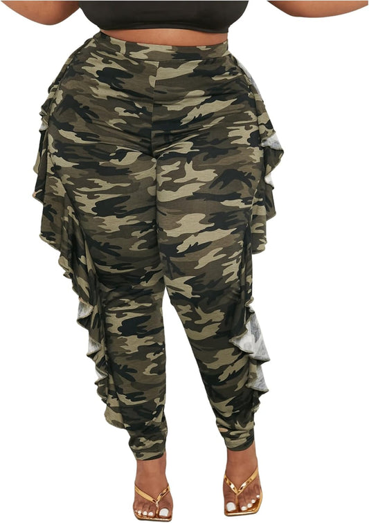 Women's Plus Size Ruffle Camouflage Pants High Waisted Leggings Casual Skinny Pants