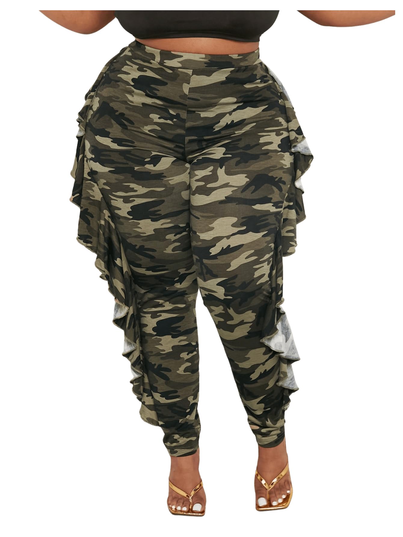 Women's Plus Size Ruffle Camouflage Pants High Waisted Leggings Casual Skinny Pants