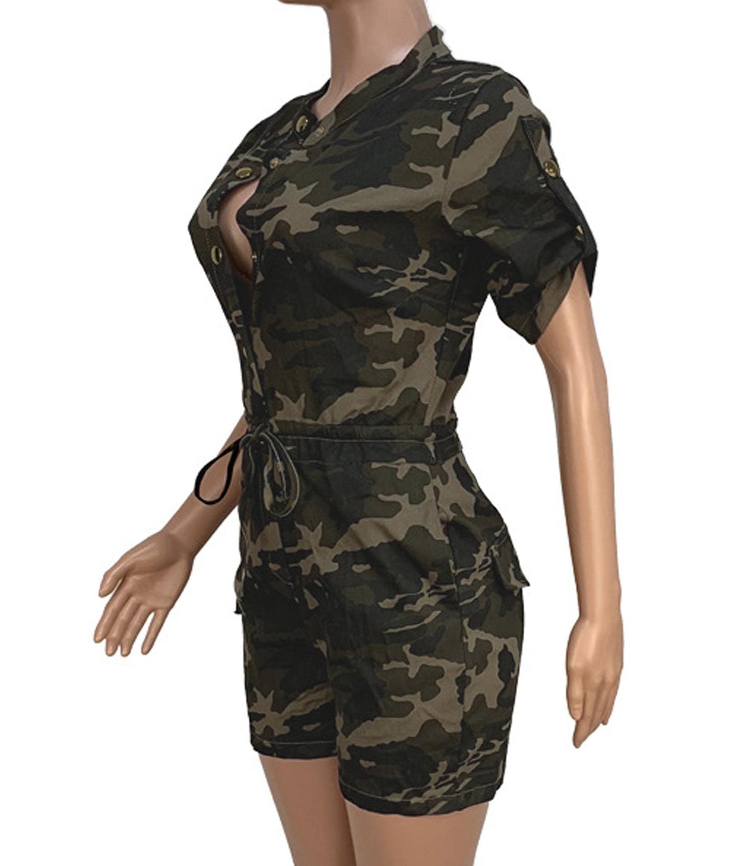 xxxiticat Women's Short Sleeve Military Playsuits High Waist Camo Button Down Rompers Camouflage One Piece Jumpsuit