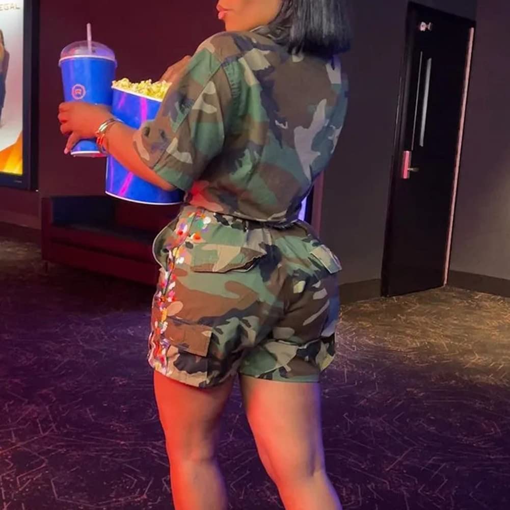 Womens Summer Cute Camo Button Down Cropped Jean Jacket Casual Lapel Outwear Denim Shirts Blouse Top