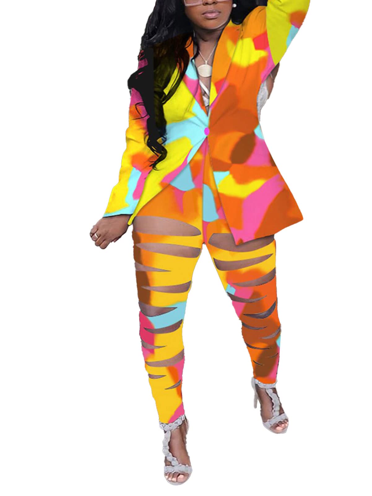 Lucuna Women's Sexy 2 Piece Club Outfits Open Front Blazer + Bodycon Pants Long Stockings Set