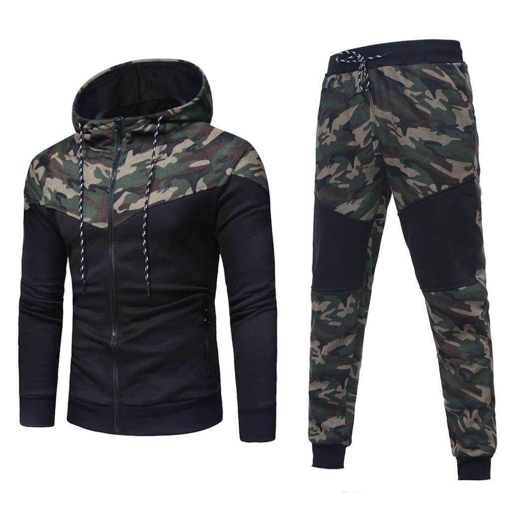 iQKA Men Camouflage Tracksuit Sport Suit Full Zipper Hoodie Fall Sweatshirt Pants Set