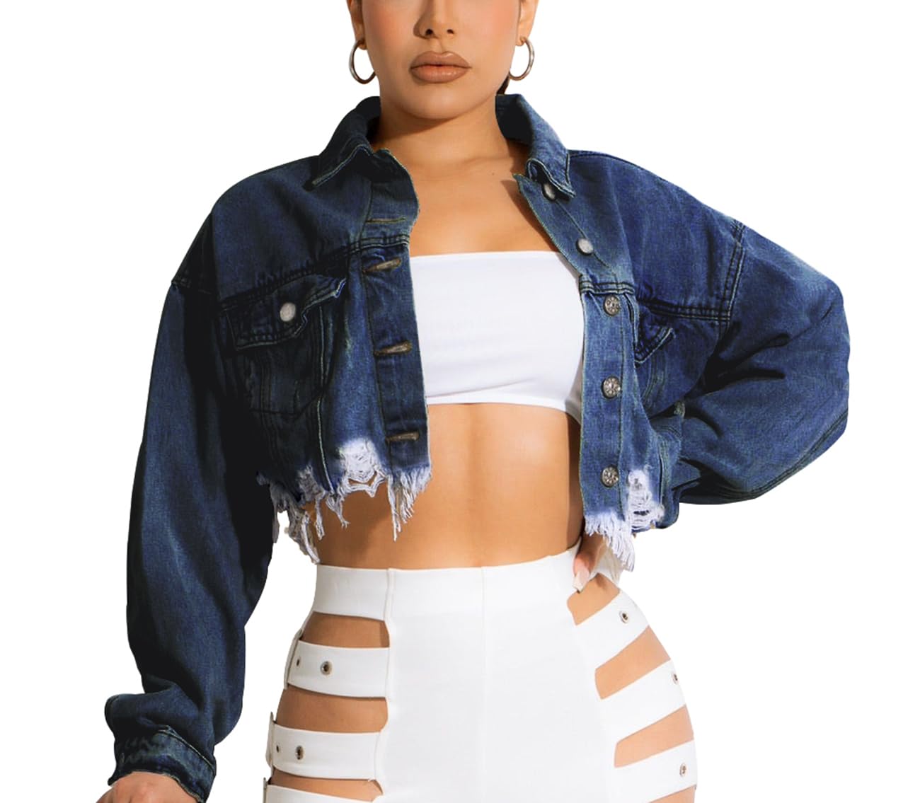 HTD Women's Cropped Jean Jacket Button Up Long Sleeve Ripped Distressed Denim Jacket Frayed Hem