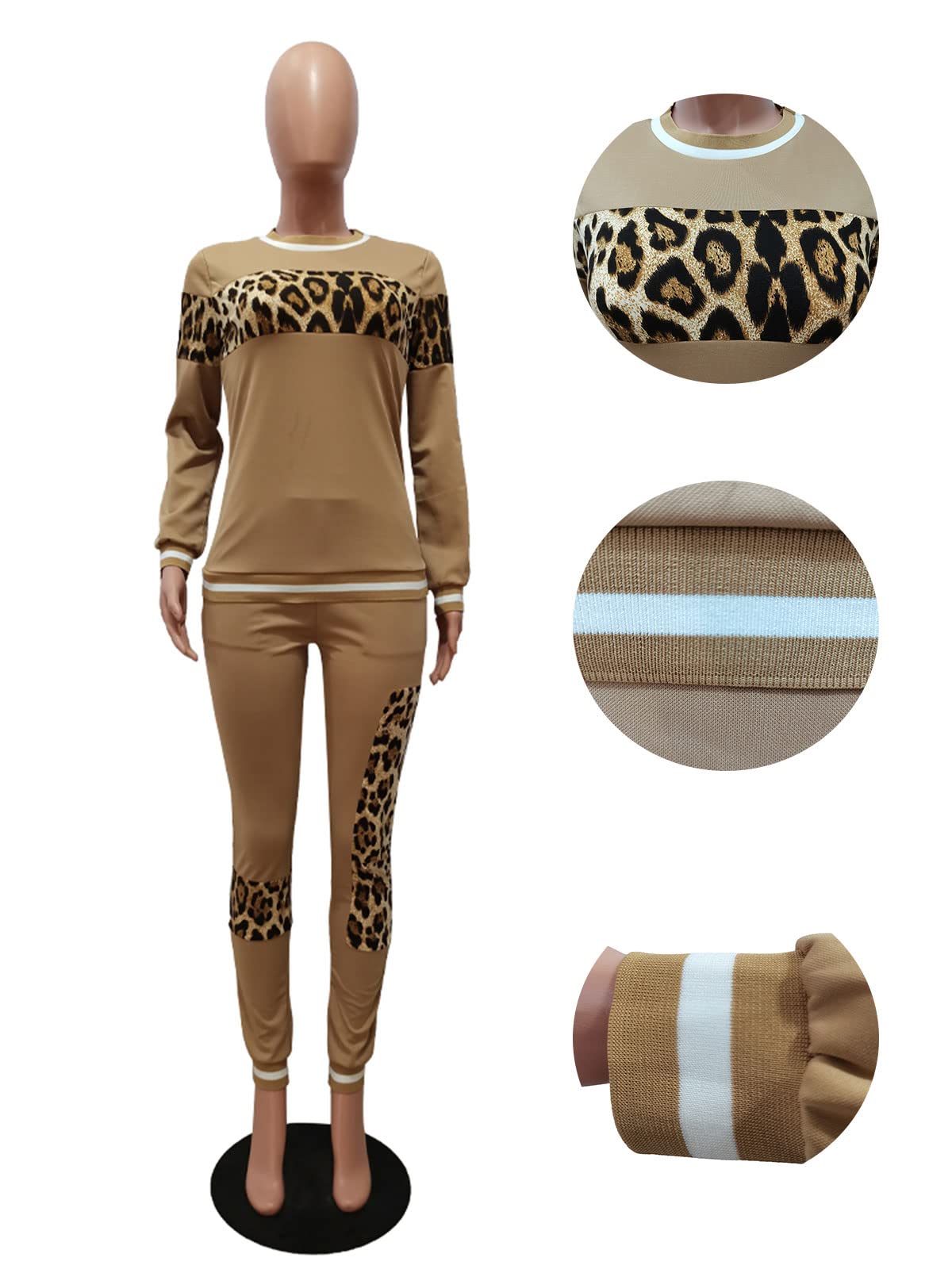 Alunzoem Womens Casual 2 Piece Outfits, Leopard Print Long Sleeve Top Pants Set Tracksuits