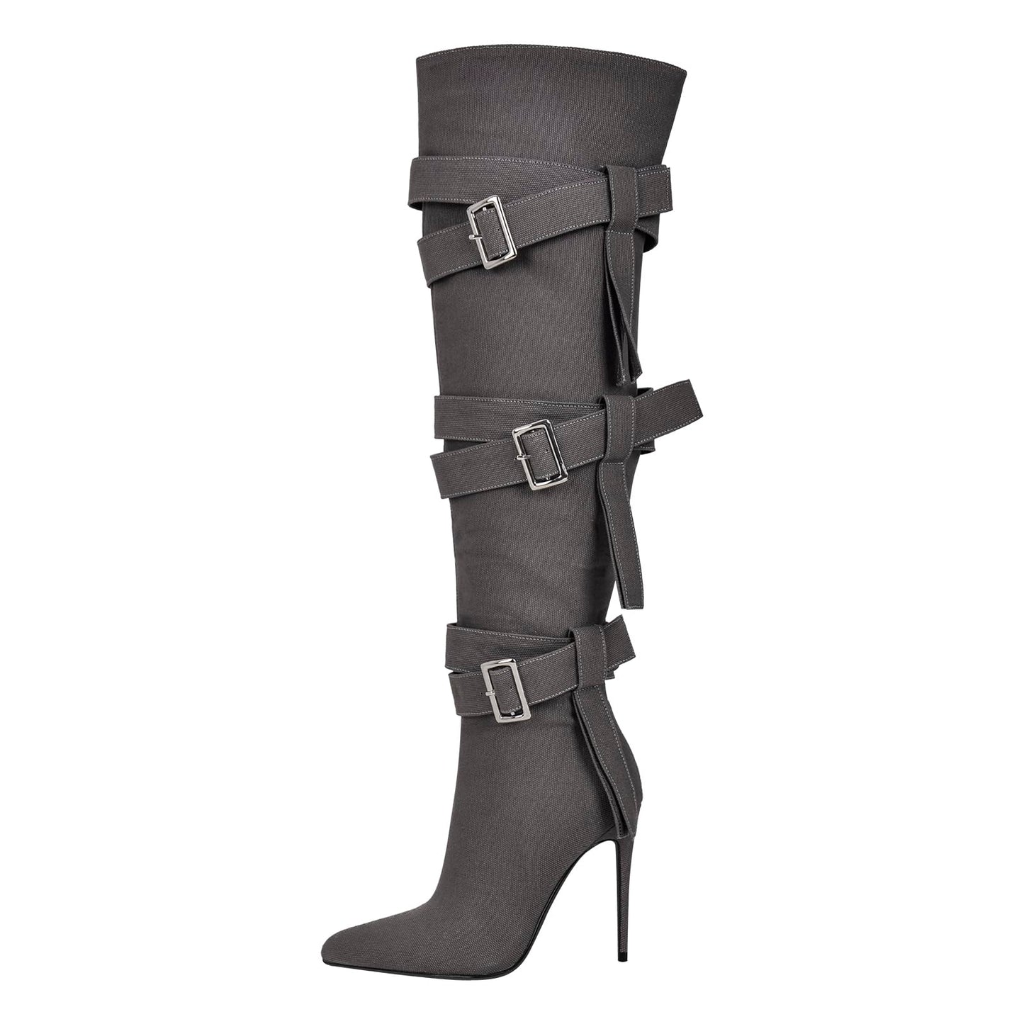 richealnini Women's Thigh High Boots with Straps Canvas Stiletto Heel Sexy Pointed Toe Party Riding Boots