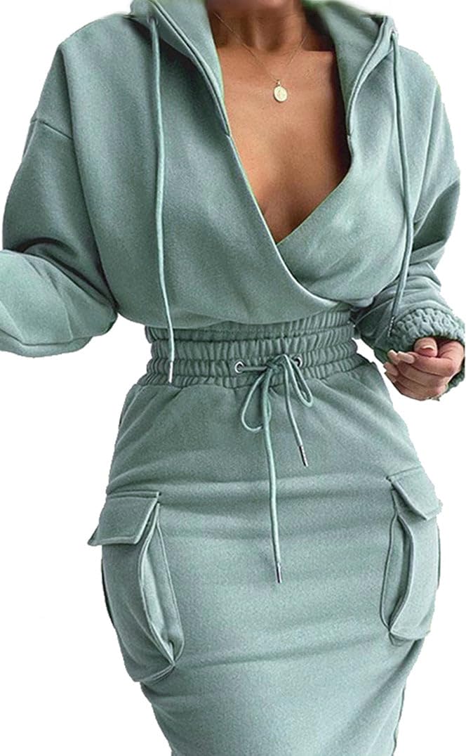 BIRW Hoodie Dress for Women 2025 Slim Casual Long Sleeve High Waist Drawstring Pullover Bodycon Sweatshirt Dresses