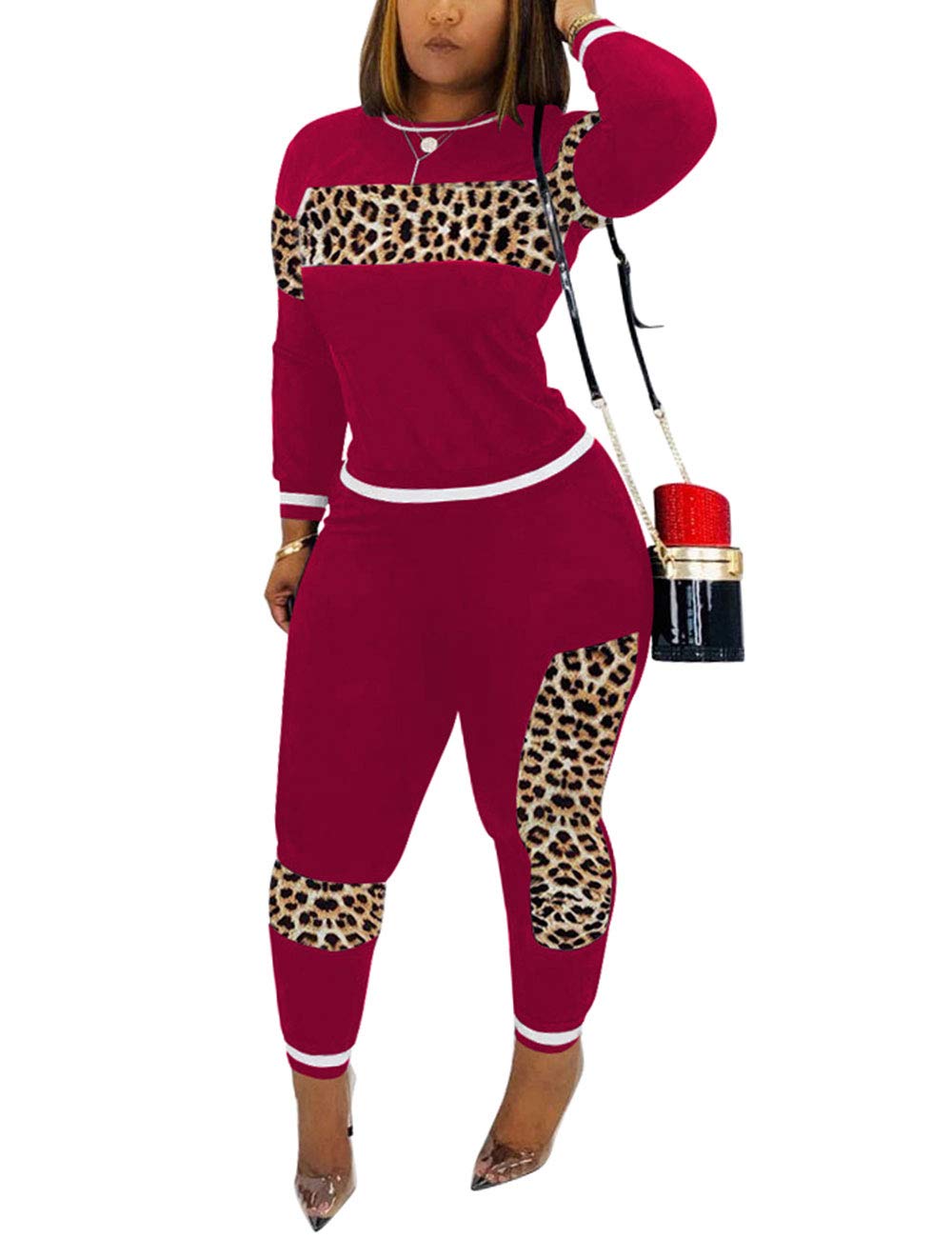 Alunzoem Womens Casual 2 Piece Outfits, Leopard Print Long Sleeve Top Pants Set Tracksuits