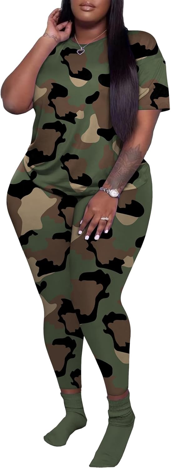 PINSV Women's Plus Size 2 Piece Outfits Tracksuits Short Sleeve Top Pants Sets Sweatsuits