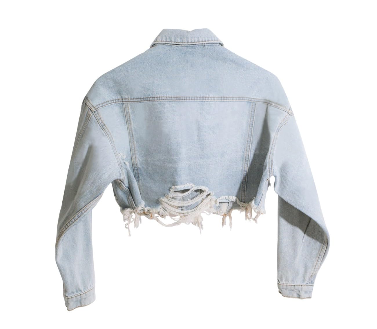 HTD Women's Cropped Jean Jacket Button Up Long Sleeve Ripped Distressed Denim Jacket Frayed Hem