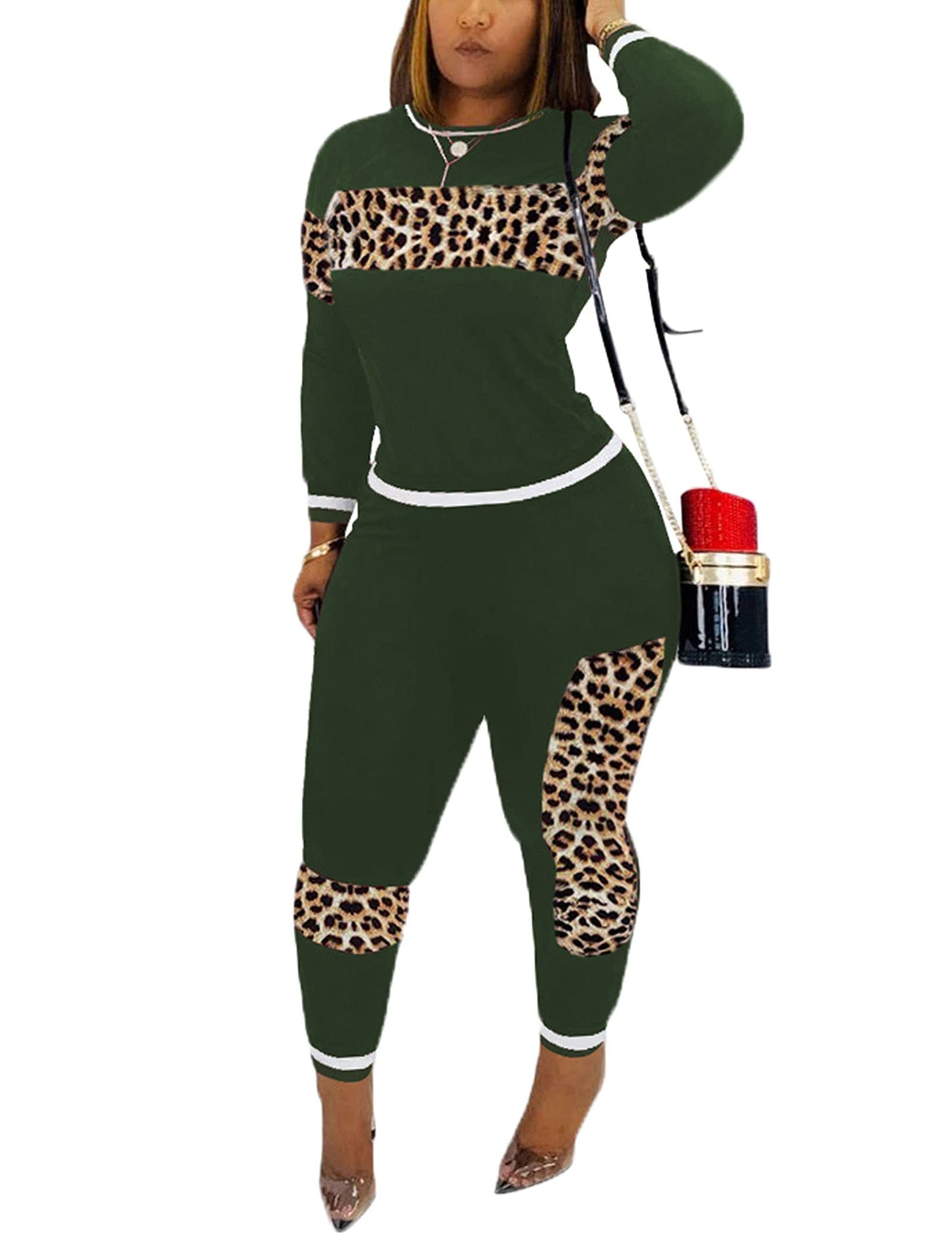 Alunzoem Womens Casual 2 Piece Outfits, Leopard Print Long Sleeve Top Pants Set Tracksuits