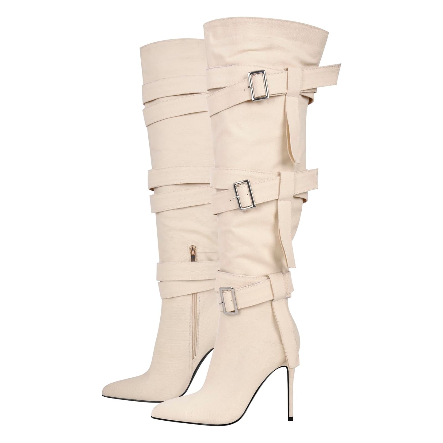 richealnini Women's Thigh High Boots with Straps Canvas Stiletto Heel Sexy Pointed Toe Party Riding Boots