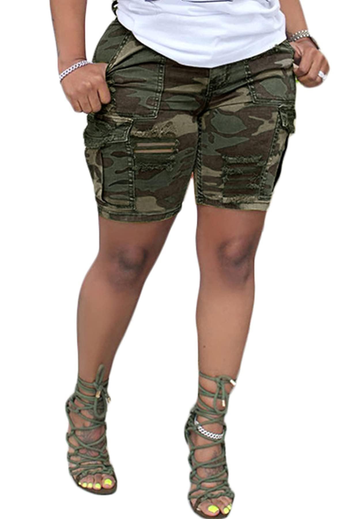 HuiSiFang Womens Camo Cargo Shorts Elastic High Waist Loose Fit Casual Shorts with Pockets