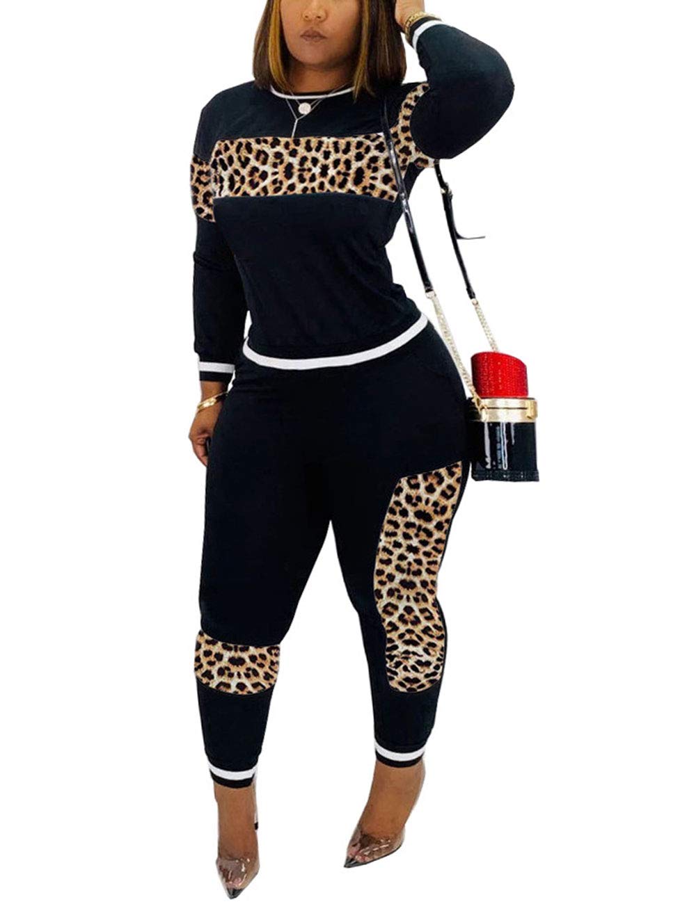 Alunzoem Womens Casual 2 Piece Outfits, Leopard Print Long Sleeve Top Pants Set Tracksuits