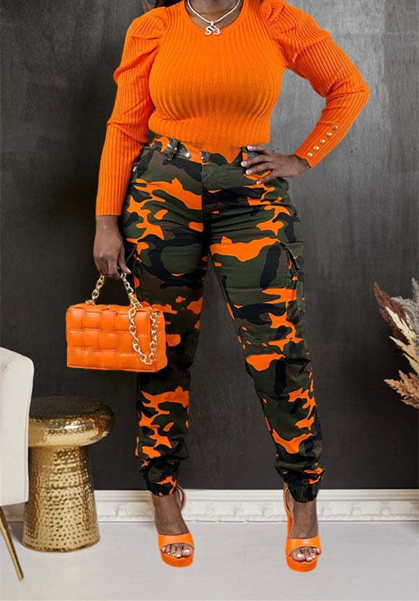 Woman's Casual Camouflage Camo Cargo Long Pants with Pockets