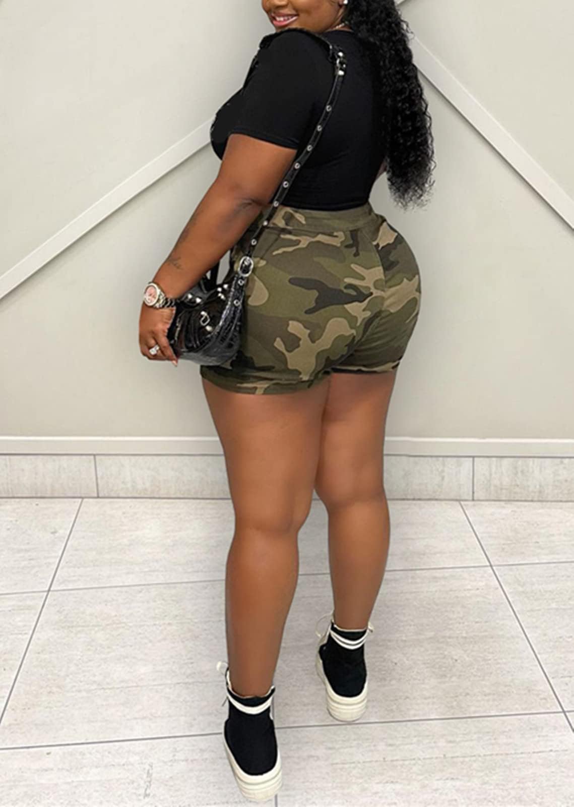 HuiSiFang Womens Camo Cargo Shorts Elastic High Waist Loose Fit Casual Shorts with Pockets