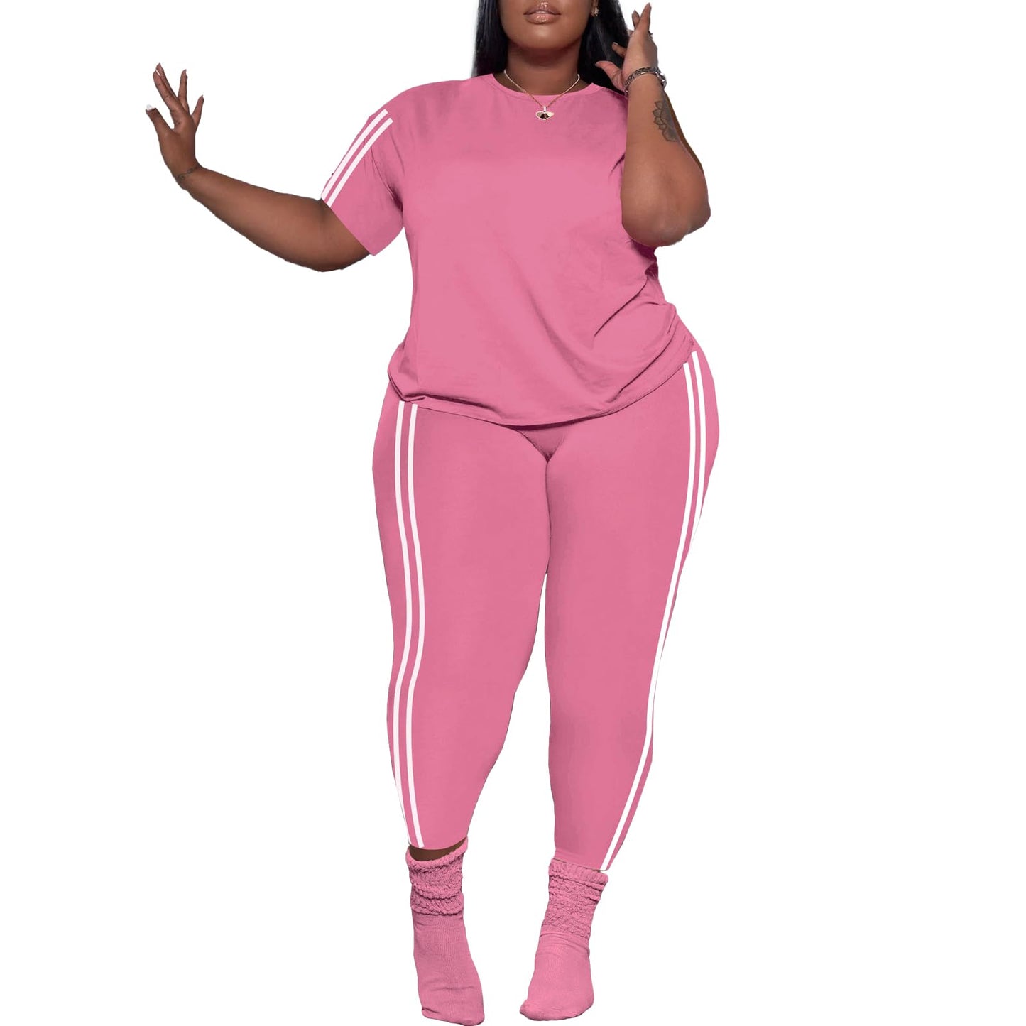 PINSV Women's Plus Size 2 Piece Outfits Tracksuits Short Sleeve Top Pants Sets Sweatsuits