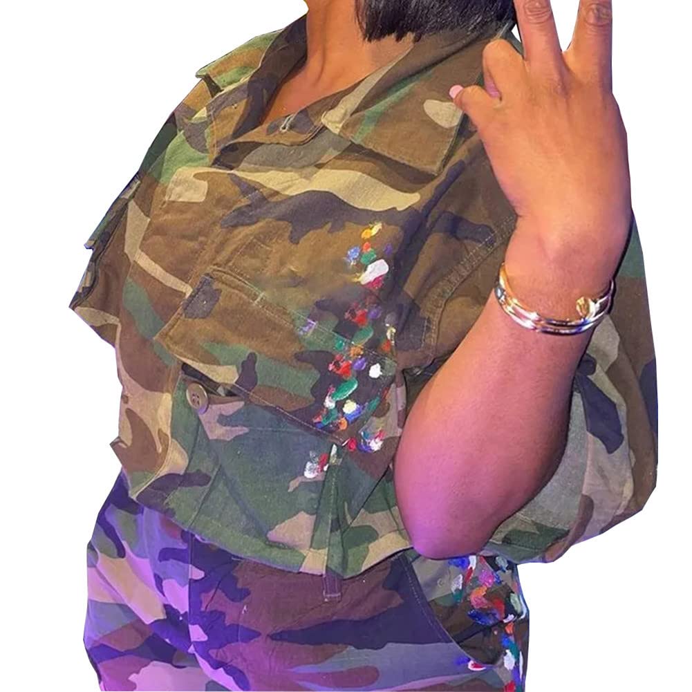 Womens Summer Cute Camo Button Down Cropped Jean Jacket Casual Lapel Outwear Denim Shirts Blouse Top