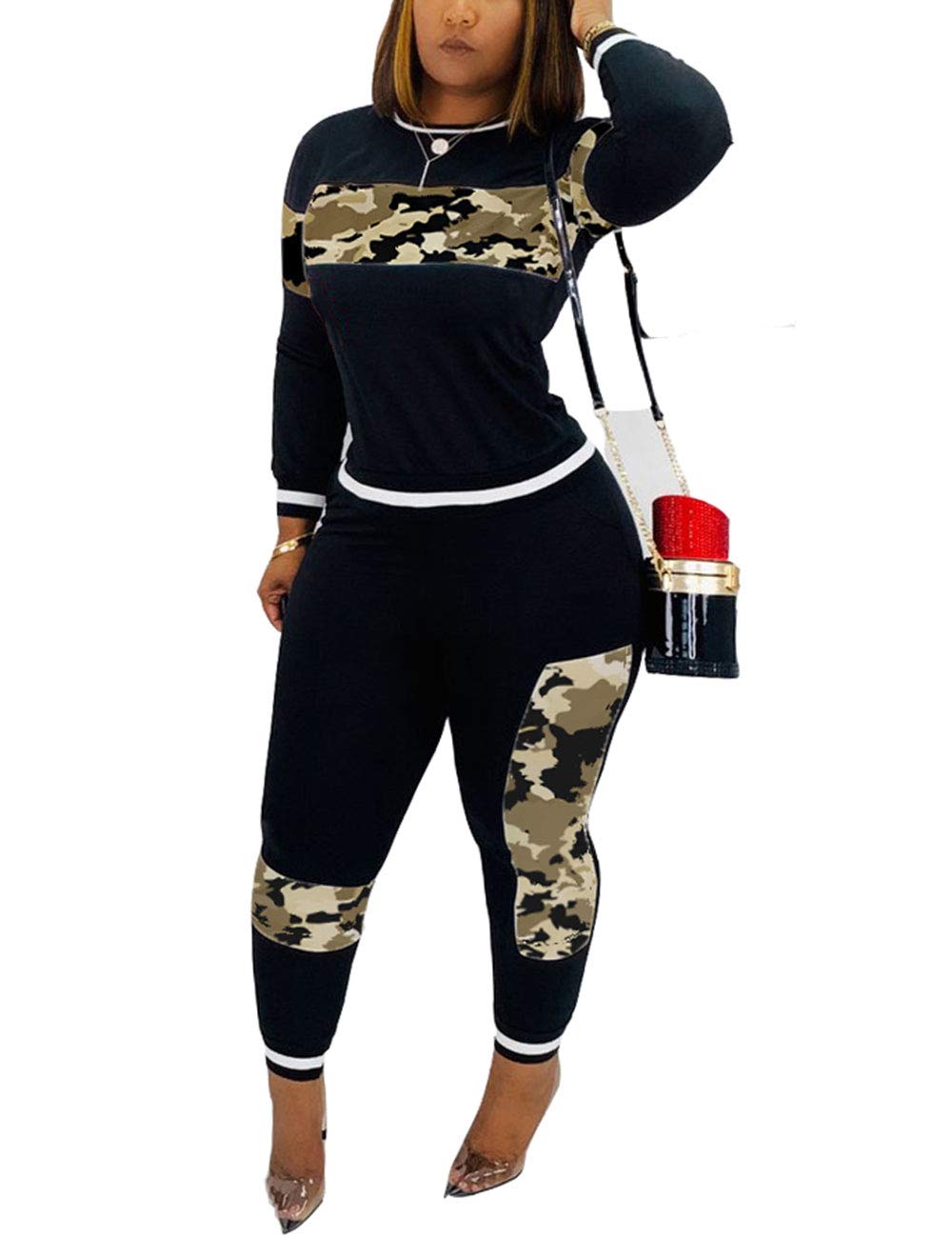 Alunzoem Womens Casual 2 Piece Outfits, Leopard Print Long Sleeve Top Pants Set Tracksuits