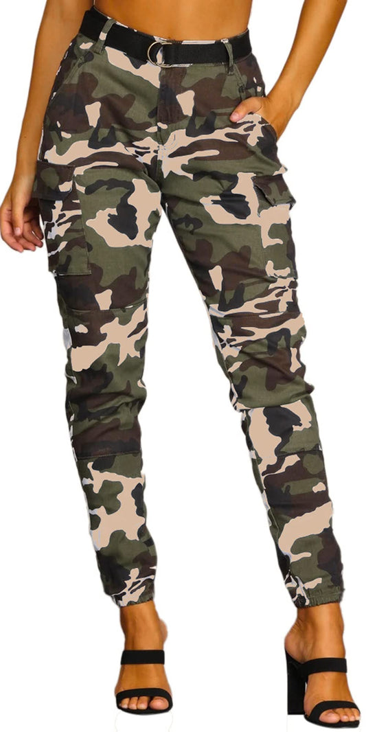 Women's Cargo Jogger Camo Pants with Pockets High Waist Slim Casual Tapered Camouflage Combat Hiking Pants