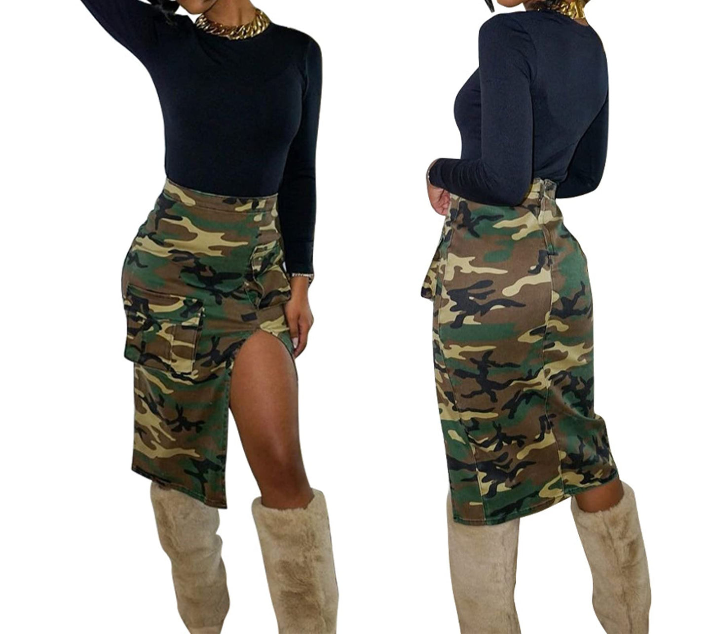 Vakkest Women's Camo Cargo Midi Skirt Elegant High Waist Vintage Dress Slit Front Ruffle Long Bodycon Maxi Skirts