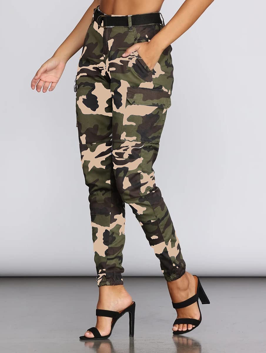 Women's Cargo Jogger Camo Pants with Pockets High Waist Slim Casual Tapered Camouflage Combat Hiking Pants