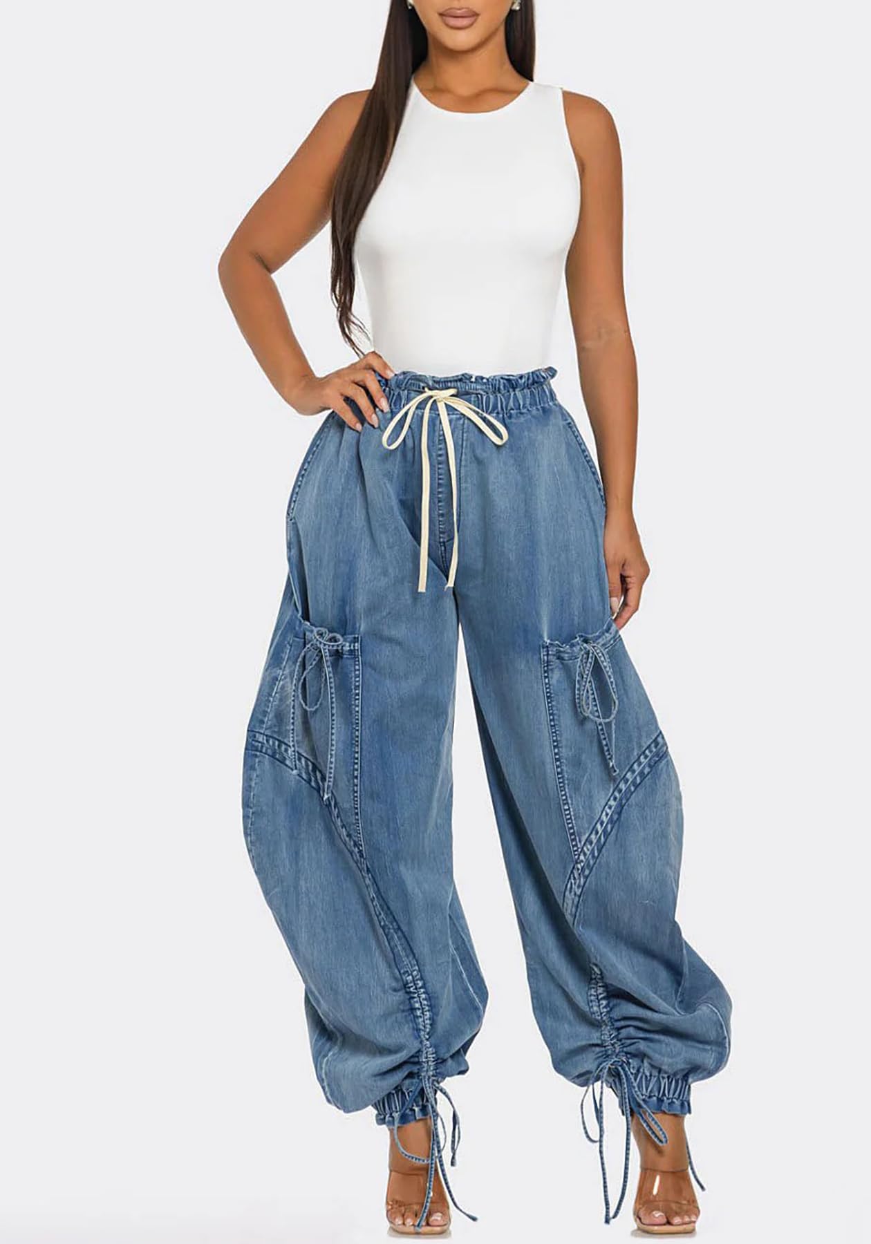 Women's Baggy Cargo Jogger Jeans Barrel High Waisted Wide Leg Drawstring Y2K Loose Harem Denim Pants with Pockets