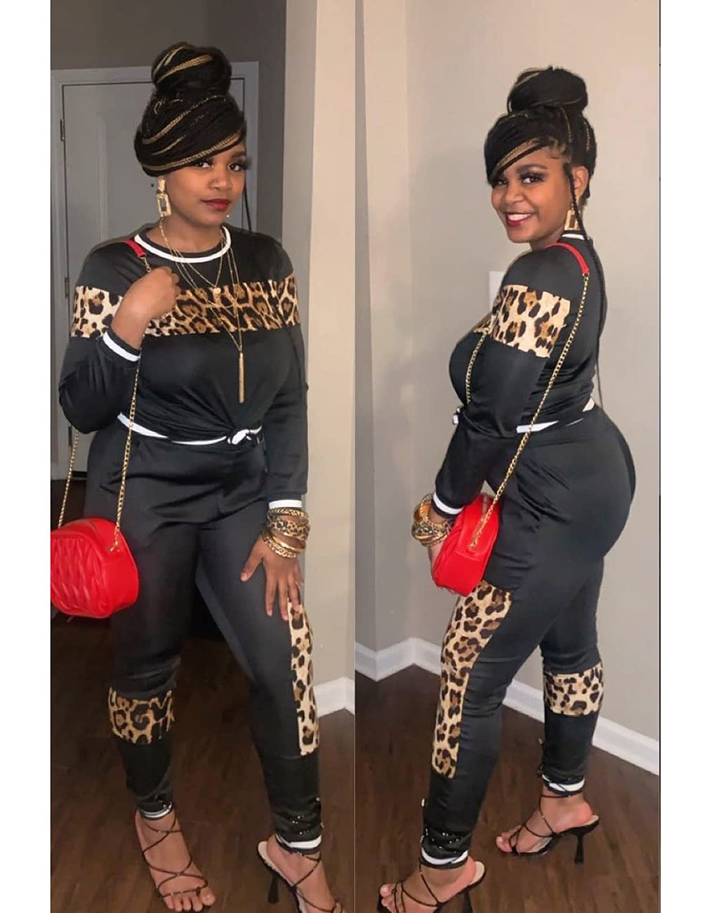 Alunzoem Womens Casual 2 Piece Outfits, Leopard Print Long Sleeve Top Pants Set Tracksuits