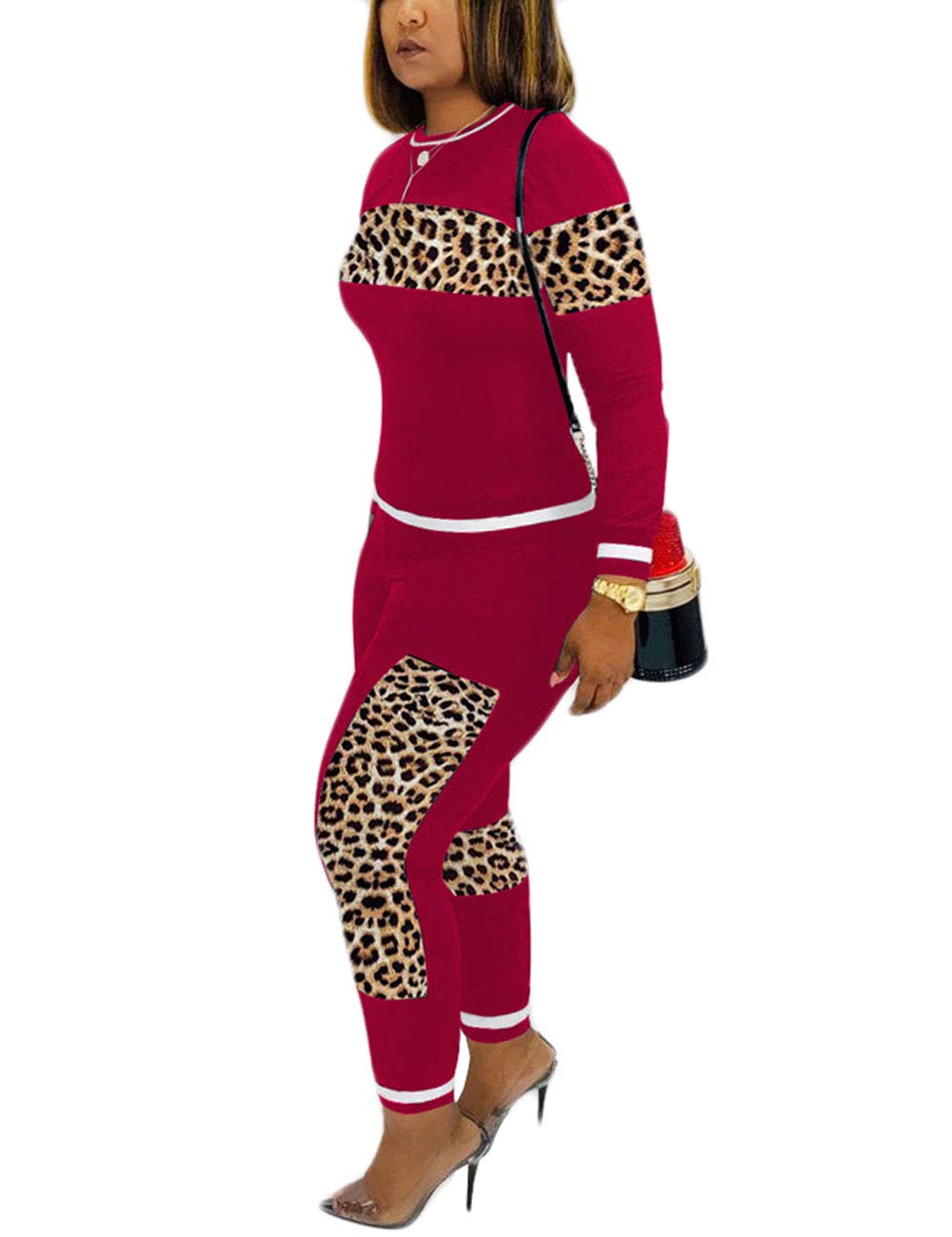 Alunzoem Womens Casual 2 Piece Outfits, Leopard Print Long Sleeve Top Pants Set Tracksuits