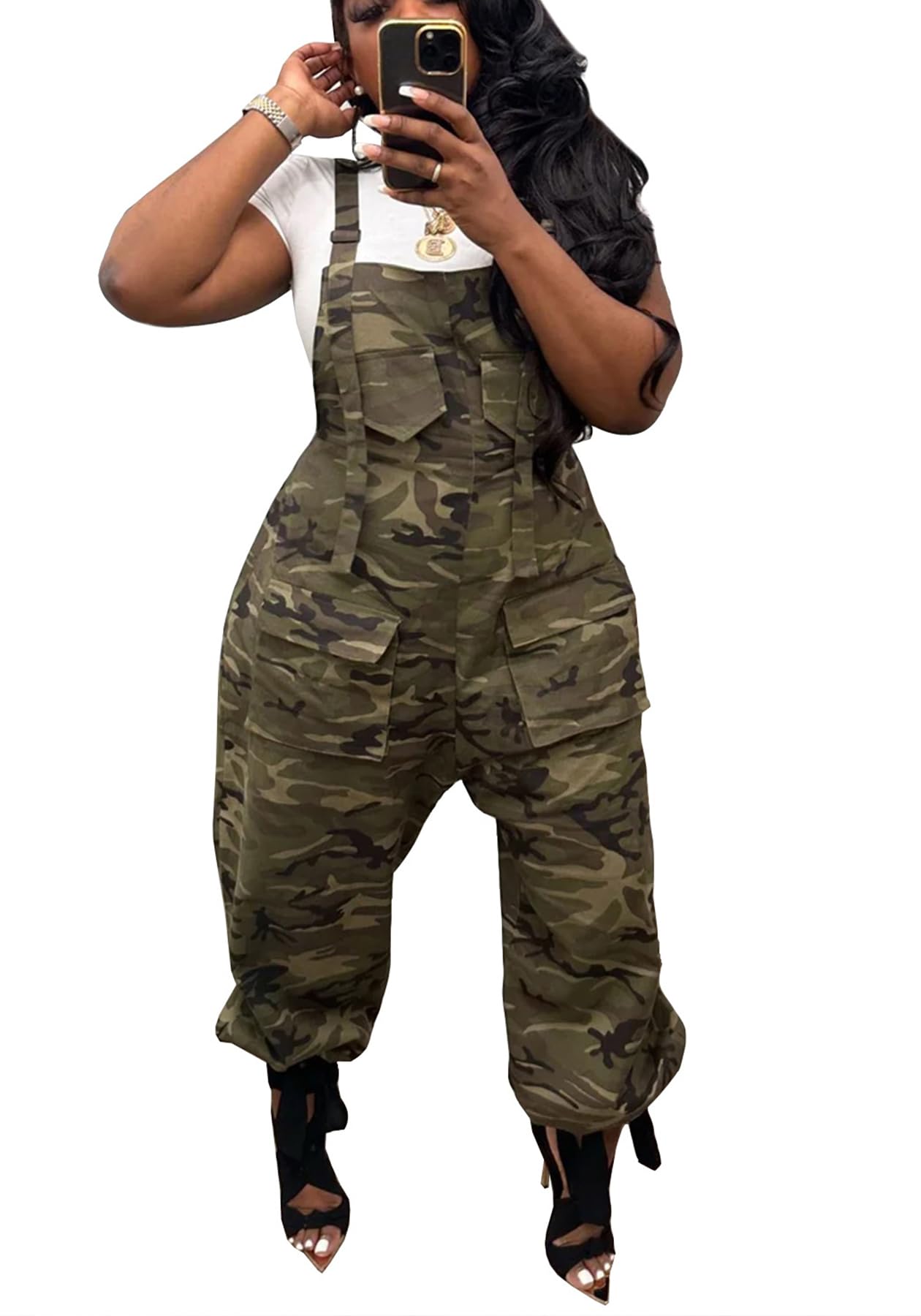 LETSVDO Women's Casual Camo Jumpsuit Cargo Demin Plus Size Camouflage Sleeveless Wide Leg Baggy Bib Jean Overalls Romper