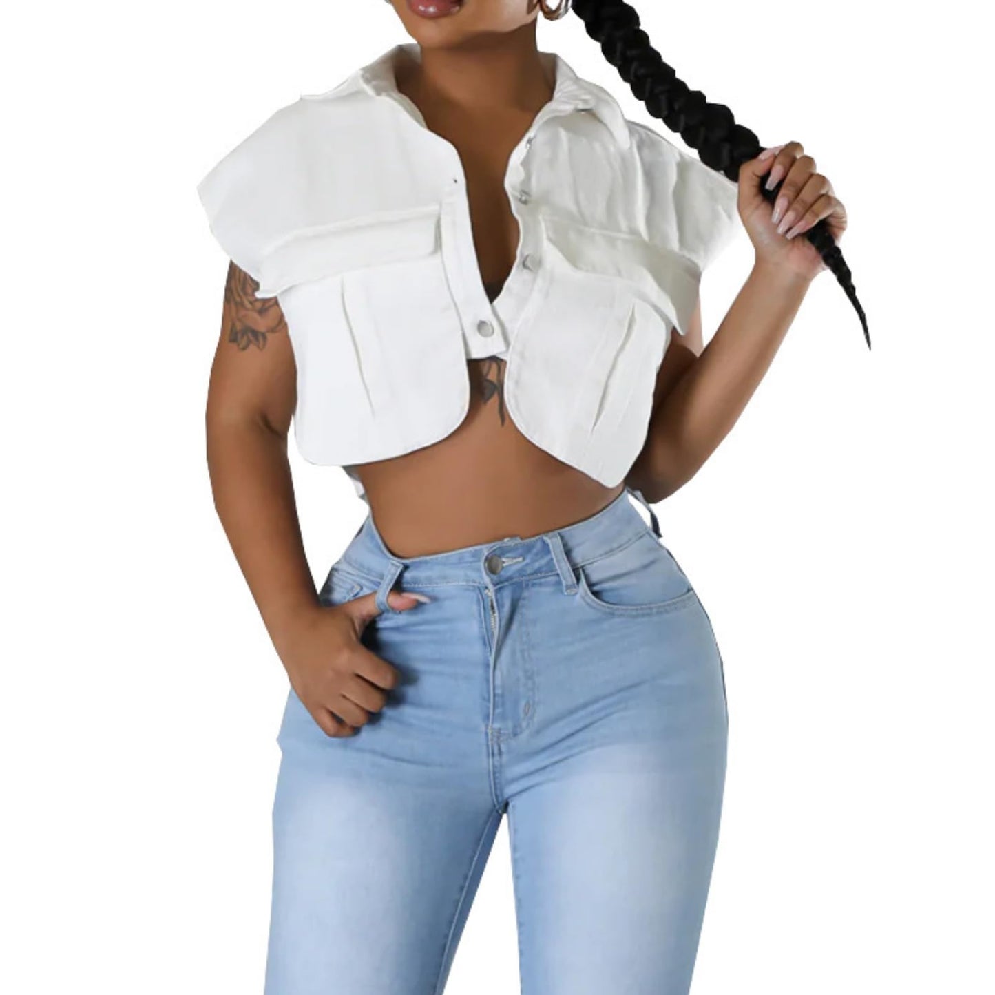 Womens Summer Cute Camo Button Down Cropped Jean Jacket Casual Lapel Outwear Denim Shirts Blouse Top