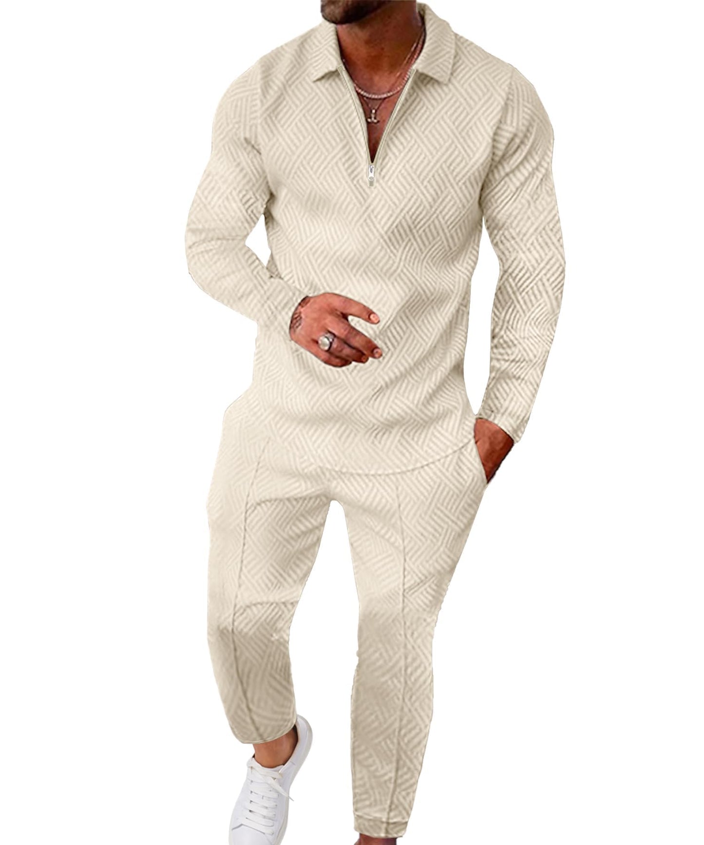 UOUA Mens 2 Piece Set Casual Outfits Polo Long Sleeve Shirt & Pants Track Suit Loungewear Athletic Sweatsuit