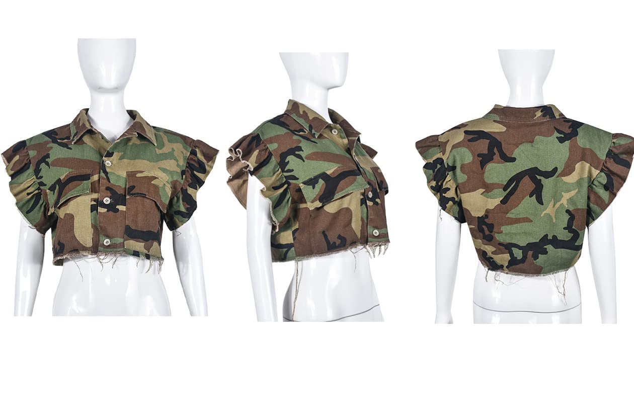 LETSVDO Women's Sexy Camo Halter Vest Backless Sleeveless Lapel V Neck Button Down Jean Crop Tank Top