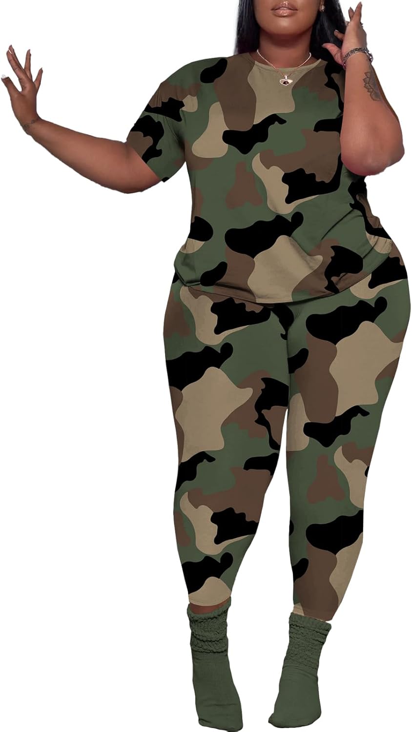 PINSV Women's Plus Size 2 Piece Outfits Tracksuits Short Sleeve Top Pants Sets Sweatsuits