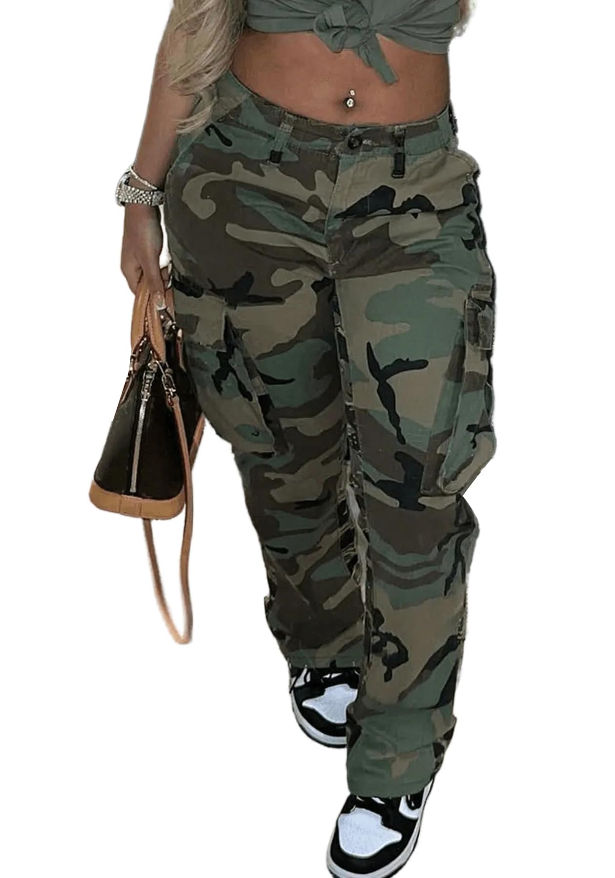 Women's Plus Size Cargo Camo Pants High Waist Slim Fit Camouflage Jogger Pants Sweatpants with Pockets