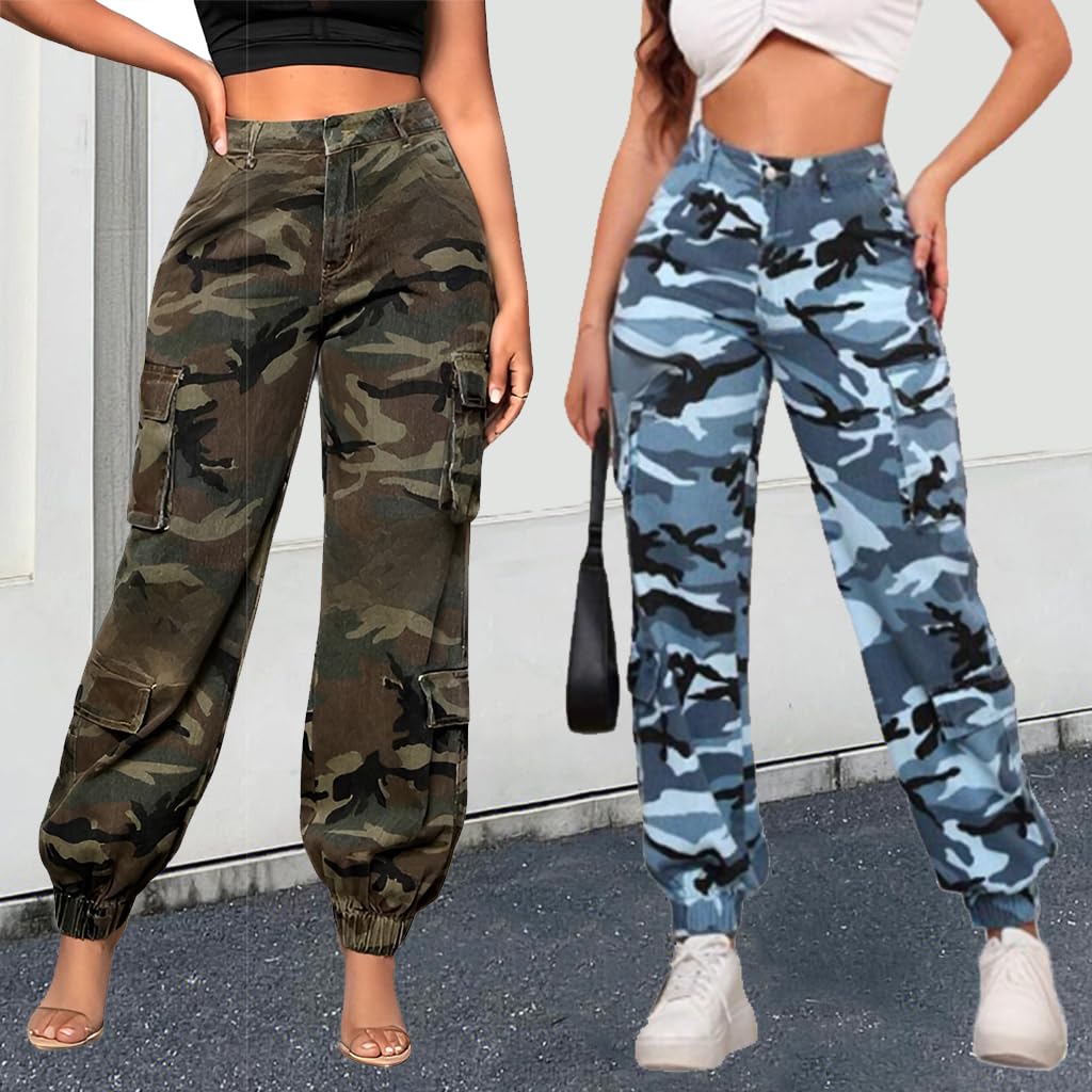 Women's Cargo Jogger Camo Pants with Pockets High Waist Slim Casual Tapered Camouflage Combat Hiking Pants
