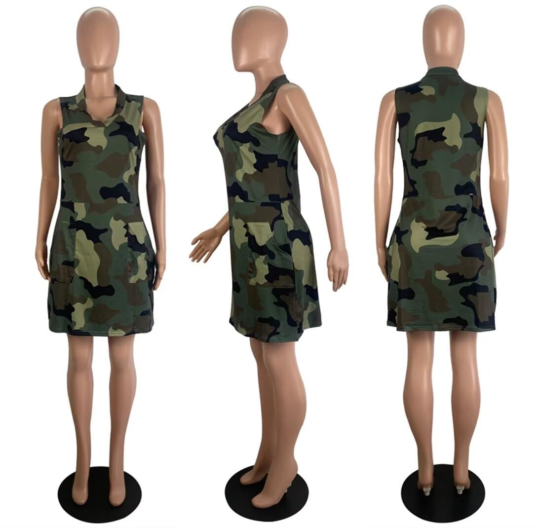 Camouflage Dress for Women Casual Sleeveless V Neck Sundress Cargo Mini Dresses with Pockets