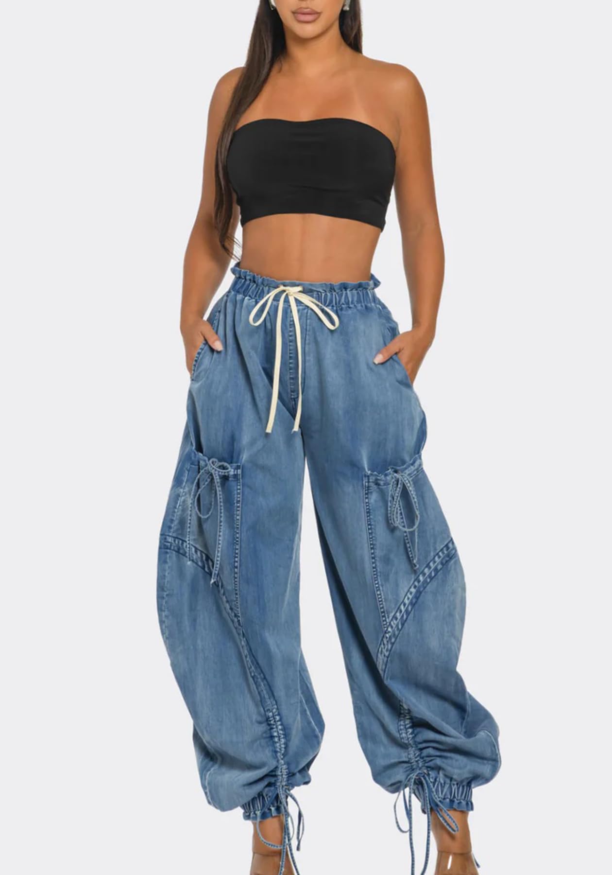 Women's Baggy Cargo Jogger Jeans Barrel High Waisted Wide Leg Drawstring Y2K Loose Harem Denim Pants with Pockets