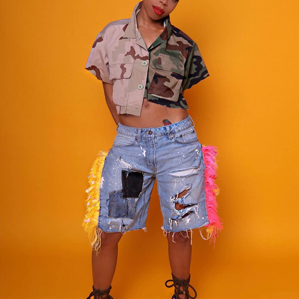 Womens Summer Cute Camo Button Down Cropped Jean Jacket Casual Lapel Outwear Denim Shirts Blouse Top