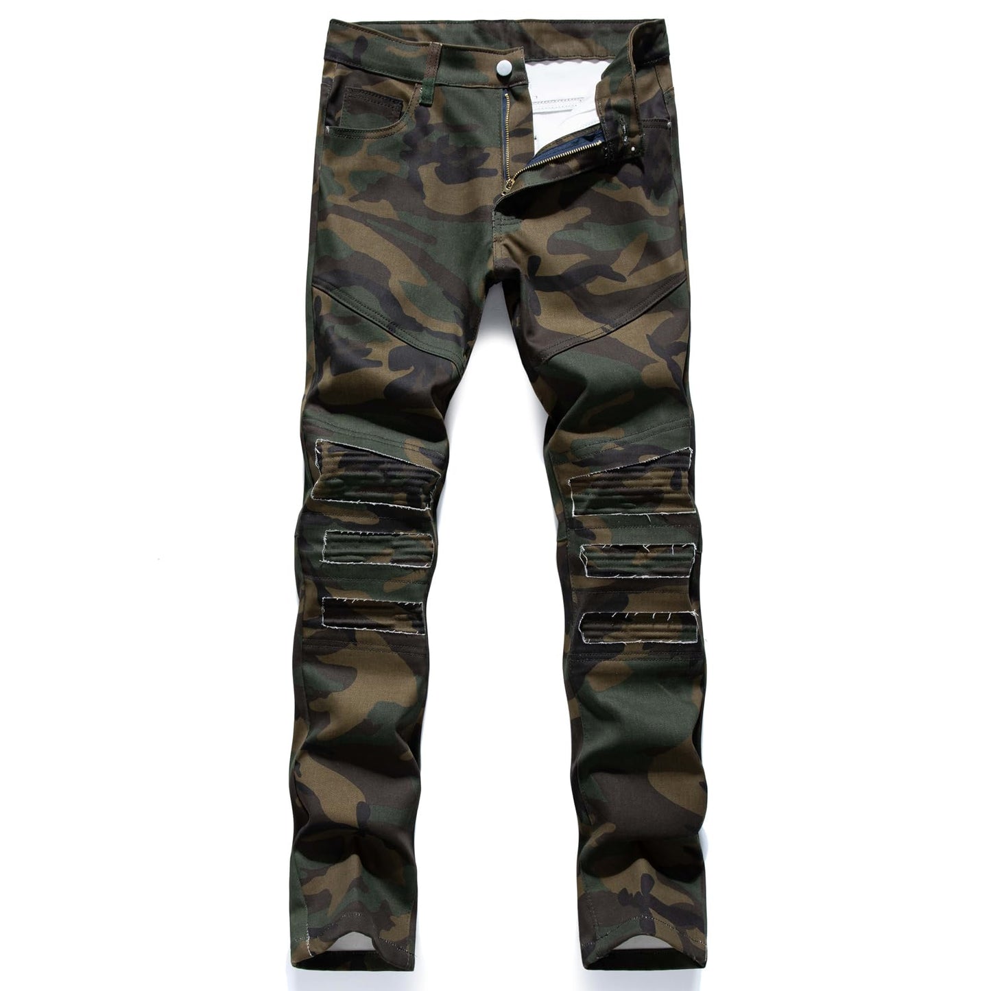 Men's Casual Military Cargo Pants Jeans Camo Trousers Ripped Holes Denim Biker