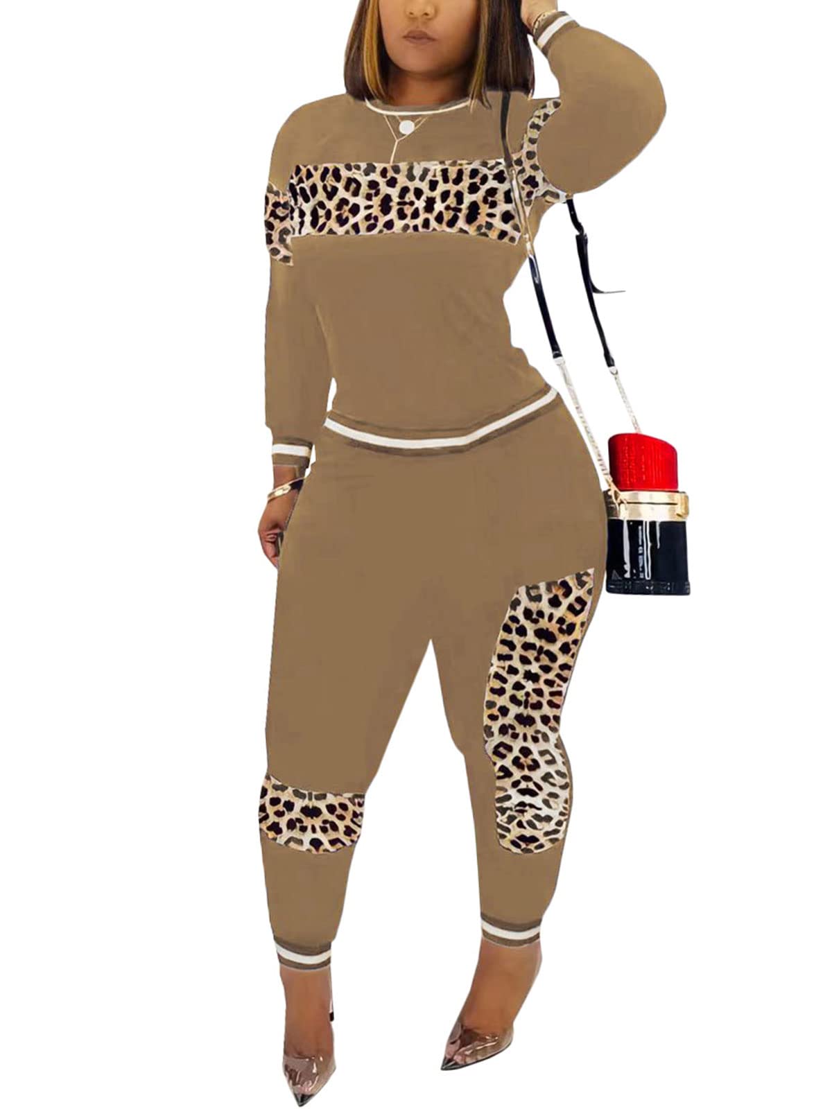 Alunzoem Womens Casual 2 Piece Outfits, Leopard Print Long Sleeve Top Pants Set Tracksuits