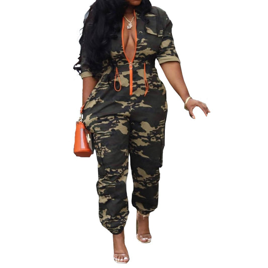 Women Casual Long Jumpsuits Camouflage Drawstring Waist One-Piece Camo Rompers with Pockets Sweatsuit Work Out Sets