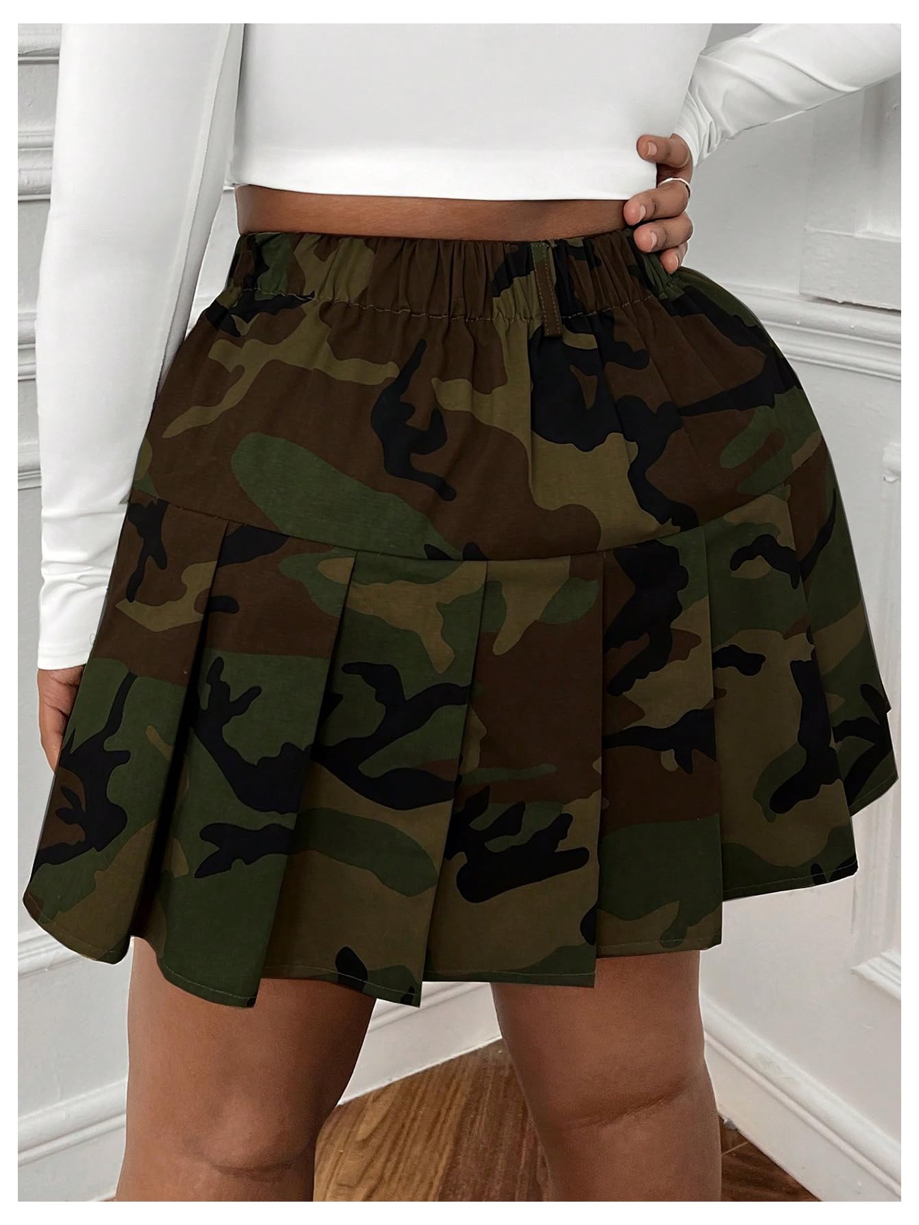 Floerns Women's Plus Size Camo Print Skirt Elastic Waist Pleated Hem Short Skirt