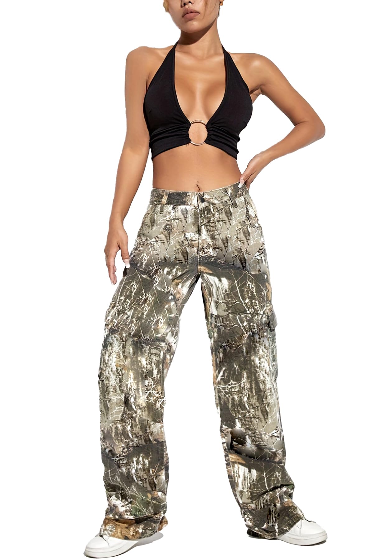 Women's Plus Size Cargo Camo Pants High Waist Slim Fit Camouflage Jogger Pants Sweatpants with Pockets