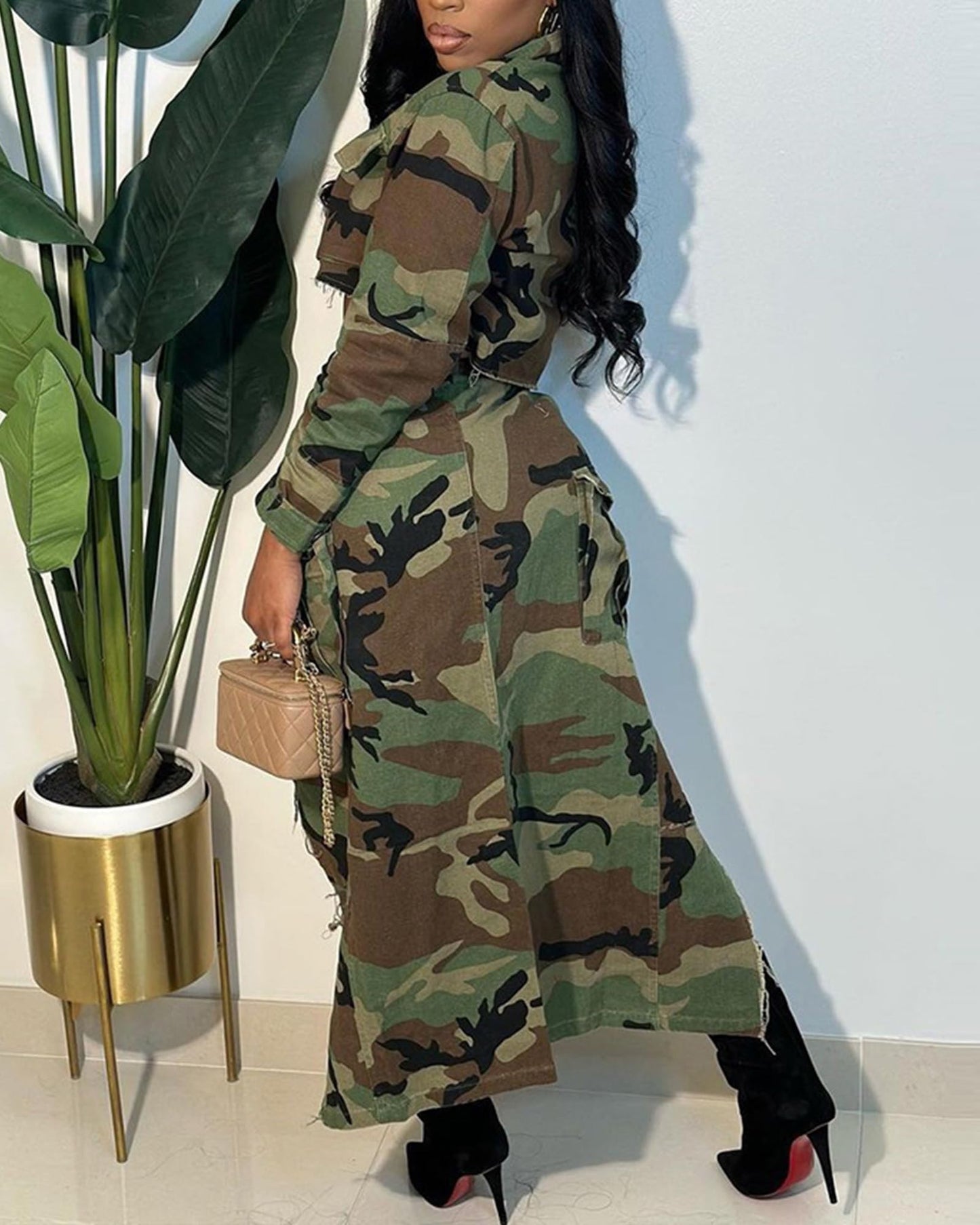 DINGANG Women's 2024 Summer Two Piece Dresses Camouflage Short Sleeve Top + High Waist Split Skirts Sets Trendy